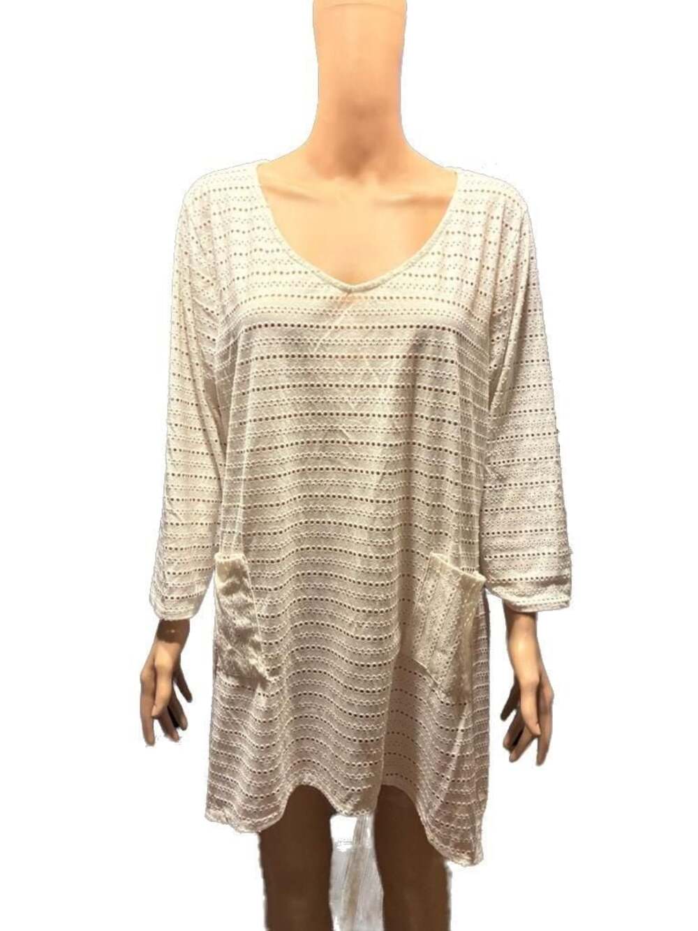 Cal Style White Eyelet Lace 3/4 Sleeve Beach Coverup Tunic with Pockets